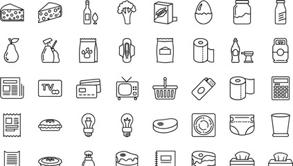 Household and grocery line icons collection showing daily essentials, food items, cleaning supplies, consumer products, shopping elements, and home lifestyle symbols