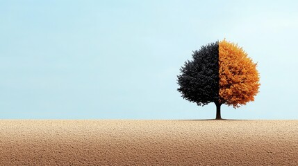 A tree with half black and half orange foliage stands on a brown ground, set against a light blue sky.