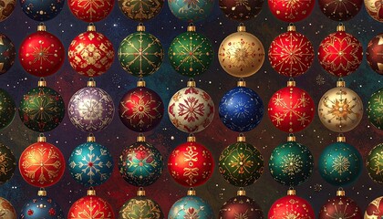 Vibrant collection of decorative Christmas ornaments with intricate patterns.