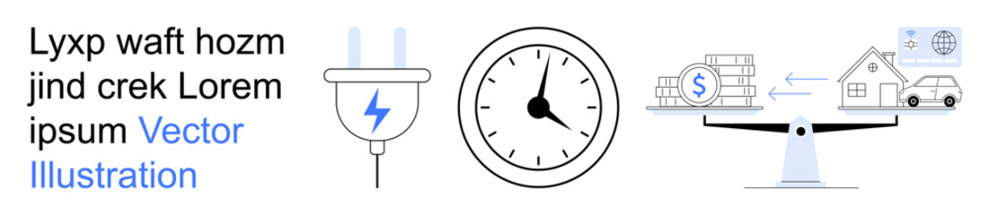 Energy efficiency, financial management, time optimization, resource allocation, energy costs, saving strategies. Plug with lightning symbol, clock scales balancing money and home. Energy efficiency