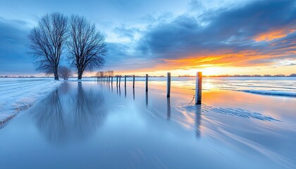 A beautiful landscape scene with trees reflected in a flooded field at sunset. The sky is filled with colorful clouds and the water reflects the sky and trees.
