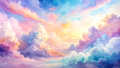Dreamy cloudscape with pastel pink, blue, and yellow hues paints the soft, textured sky at sunset