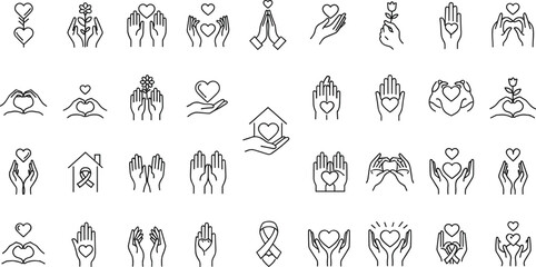Love, care and charity support line icons set showing giving hands, heart symbols, hope, awareness, kindness, compassion and humanitarian help concepts