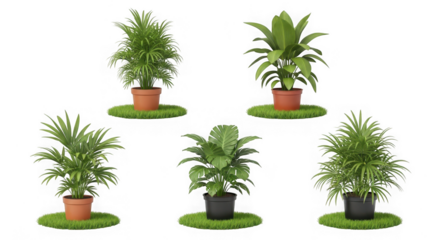 Assortment of potted green plants, like palms tropical foliage, on grass circles isolated on transparent background