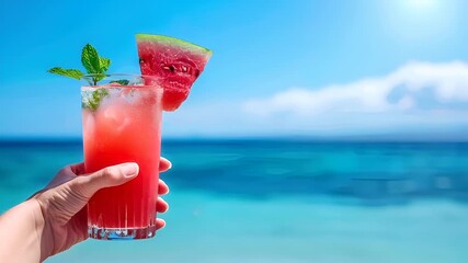 A hand holding a glass of watermelon juice against a clear blue sky with a serene ocean backdrop. The glass is filled with a pinkishred liquid, possibly a refreshing beverage.