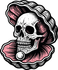 Woman Skull Pink Hair Retro Illustration