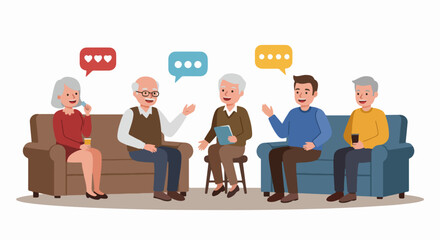 Multigenerational Group Discussion Illustration. People sitting on couches sharing thoughts and emotions in a casual meeting setting with speech bubbles.