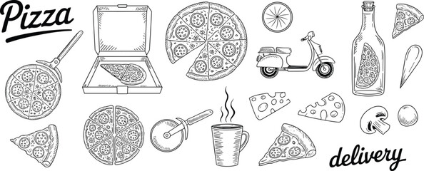 Black and white sketch illustration set of pizza, delivery scooter, food items, drinks, coffee, kitchen tools, takeaway meal elements collection.