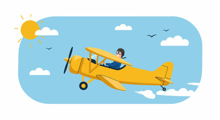 Cheerful cartoon pilot flying a yellow vintage biplane high in the sunny blue sky, symbolizing adventure and freedom. © Sabrina
