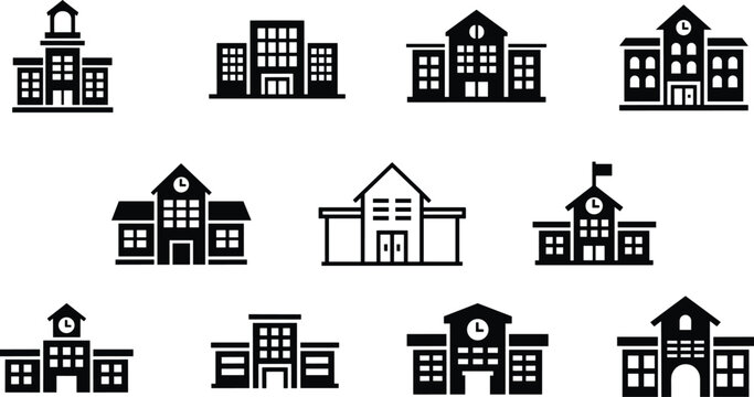 Collection of diverse school building icons in silhouette style