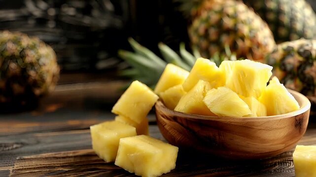 sliced pineapple in a wooden bowl on a rustic wooden tableslices of pineapple in wooden bowl.