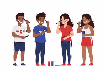 Obraz premium Diverse group of young friends applying red, white, and blue face paint, demonstrating team spirit and national pride for a sporting event.