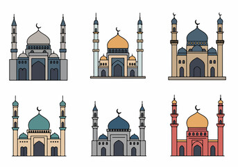 Colorful mosque vector icons set. Different Islamic architecture illustrations with domes and minarets for Ramadan and Eid celebrations.