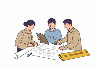 Team of architects collaborating on construction blueprints, reviewing project plans and drawing specifications.