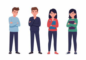 Fototapeta premium Group of four cartoon characters: two making a silence gesture (shush) and two standing with frustrated expressions and crossed arms.