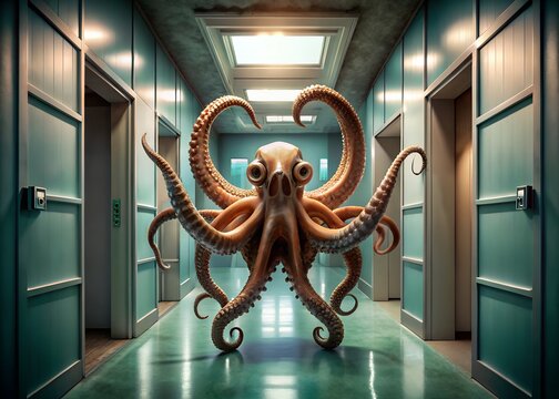 Surreal octopus stands tall in a long hallway with open doors