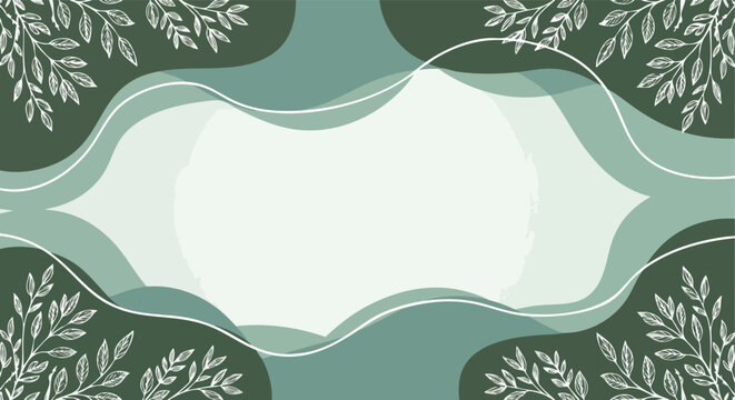 Elegant botanical abstract border design with organic flowing shapes and delicate leaf motifs on a muted green background for versatile graphic