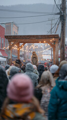 Winter festival crowd gathers under illuminated stage in snowy town square