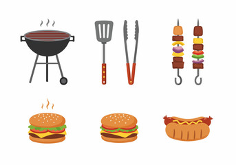 Vector set of barbecue grill, BBQ tools, meat skewers, cheeseburgers, and hot dogs for outdoor cooking concepts.