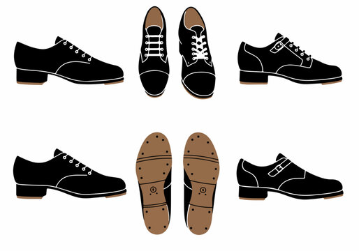 Black Irish Step Dance Hard Shoes Vector Set. Classic heavy jig shoes in various views, including lace-up and buckle styles, isolated on white.