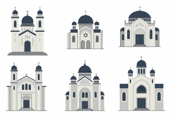 Flat Vector Icons Set of Traditional Religious Architecture Buildings, Featuring Churches, Cathedrals, and Chapels, Isolated on White.