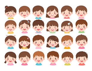 Diverse group of cartoon children faces, smiling with various hairstyles and skin tones on a clean, bright background