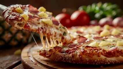 A closeup of a slice of pizza being lifted from a wooden cutting board. The pizza has a variety of toppings, including cheese, ham, and pineapples. The background is blurred.
