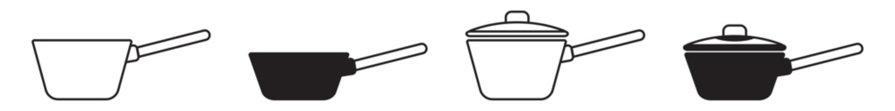 Saucepan icon set in linear and solid styles. Includes saucepan and pan with lid symbols. Simple cookware icons for kitchen, cooking and food preparation themes. Editable stroke.