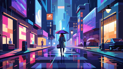 A lone figure walking down a wet city street under an umbrella, illuminated by reflections of colorful lights. Moody nighttime atmosphere perfect for cinematic urban photography and storytelling