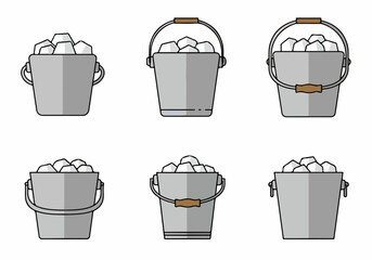 Set of six vector icons featuring metal ice buckets and coolers filled with frozen cubes, stylized in a flat design outline.