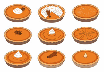Assortment of nine vector pumpkin pie illustrations featuring various seasonal toppings like whipped cream, cinnamon, and star anise, isolated on white.