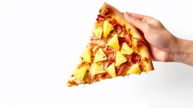 A hand holding a slice of pineapple and ham pizza against a white background. The pizza has a goldenbrown crust with a variety of toppings including pineapple slices, ham, and red pepperoni slices.