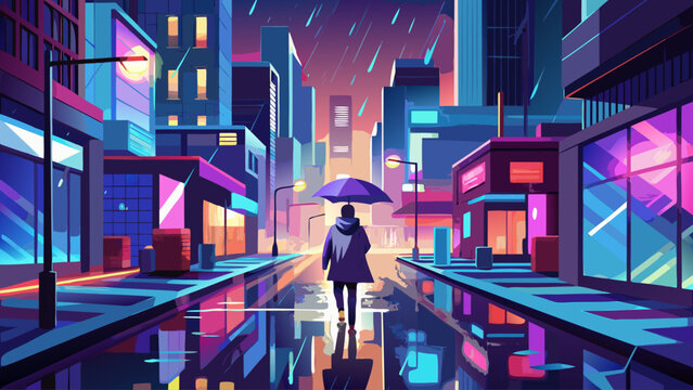 A single person strolling through a rain-soaked urban street holding an umbrella, surrounded by glowing city lights. Reflective pavement and atmospheric nighttime mood ideal for dramatic city imagery