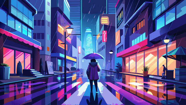 A single person strolling through a rain-soaked urban street holding an umbrella, surrounded by glowing city lights. Reflective pavement and atmospheric nighttime mood ideal for dramatic city imagery