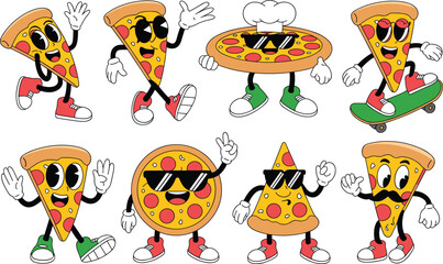 Cute cartoon pizza mascot characters set with funny expressions, sunglasses, chef hat, skateboard, playful poses, colorful food illustration collection.