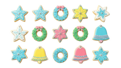 Isolated holiday sugar cookies, star and wreath shapes, Christmas season treat, no people