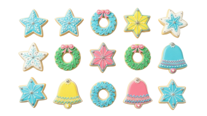 Isolated holiday sugar cookies, star and wreath shapes, Christmas season treat, no people