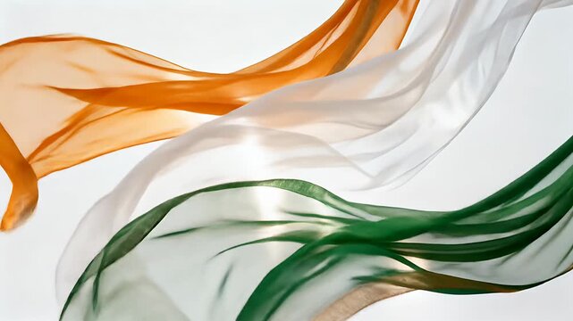 Flowing saree fabrics in a bright wind tunnel set forming three waves that cross fade into a clean saffron, white, and green tricolor flag