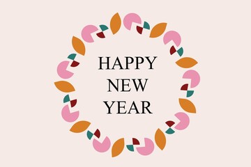 Elegant happy new year greeting design featuring a festive floral wreath of colorful leaves arranged in a circular frame, perfect for holiday cards, seasonal invitations, celebration posters