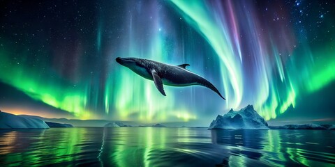 Majestic whale leaps from icy water under vibrant aurora borealis sky