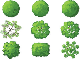 Set of nine detailed vector illustrations of various green tree and bush tops, perfect for modern architectural plans, mapping, and landscape design projects.