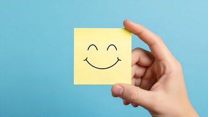  A hand holding a yellow happy smile face on blue background post-it note with a joyful expression, perfect for a motivational message or a quick moment of encouragement.