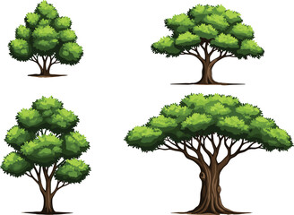 Vector set of four stylized deciduous trees with lush green foliage and textured brown trunks, perfect for casual game assets and landscape design.