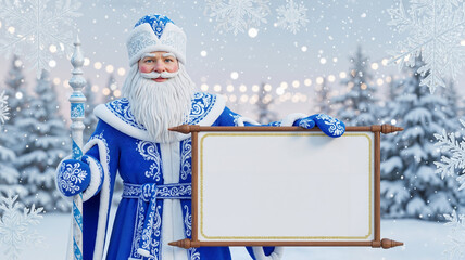 Traditional ded moroz holding a blank scroll in a snowy winter forest with festive lights for holiday message concept and seasonal greetings, mockup with copy space