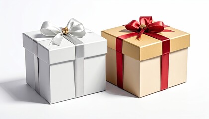 Obraz premium Two elegantly wrapped gift boxes with festive ribbons and bows on a clean white background.