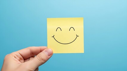  A hand holding a yellow happy smile face on blue background post-it note with a joyful expression, perfect for a motivational message or a quick moment of encouragement.