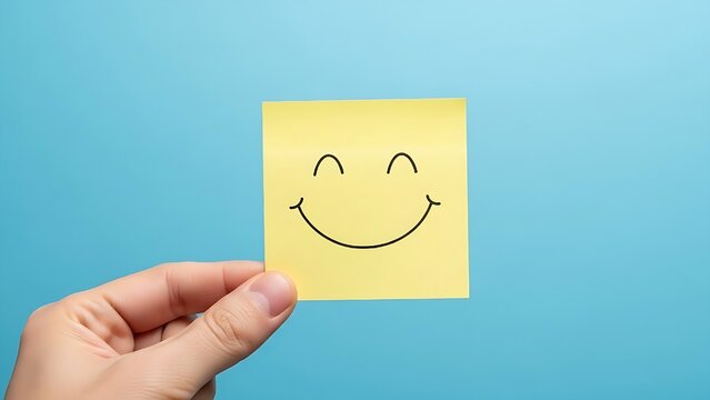  A hand holding a yellow happy smile face on blue background post-it note with a joyful expression, perfect for a motivational message or a quick moment of encouragement.
