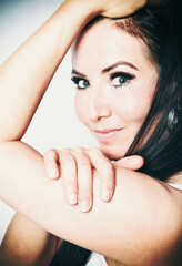 Naklejka premium frau, schönheit, gesicht, haar, make-up, gestalten, 