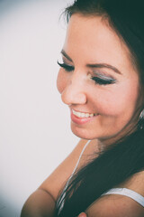 Fototapeta premium frau, schönheit, lächelnd, lächeln, haar, leitbild, gesicht, fröhlichkeit, brünett, person, leute, gestalten, close up, auge, black, 1