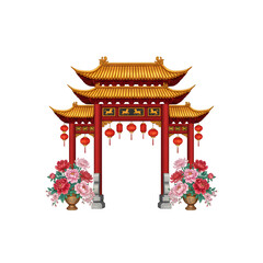 Traditional Chinese Gate with Golden Horse Decorations, Red Lantern Temple Illustration